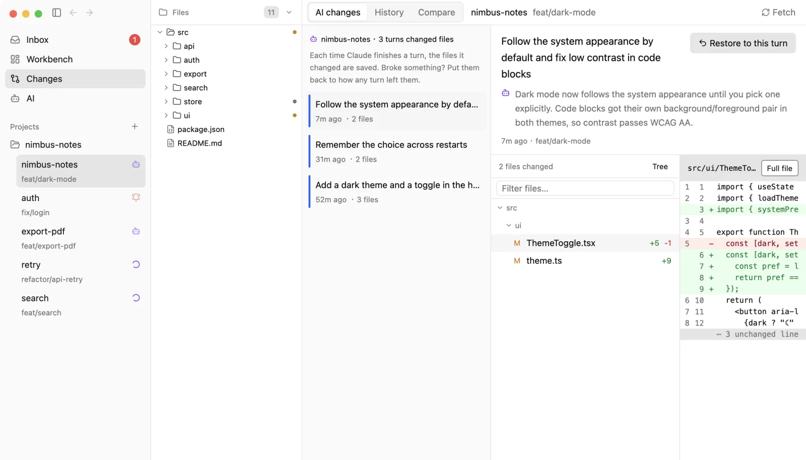 The AI changes page: turns that changed files in the middle; on the right, the selected turn's prompt, Claude's reply, the changed files and their diff, with Restore to this turn in the corner
