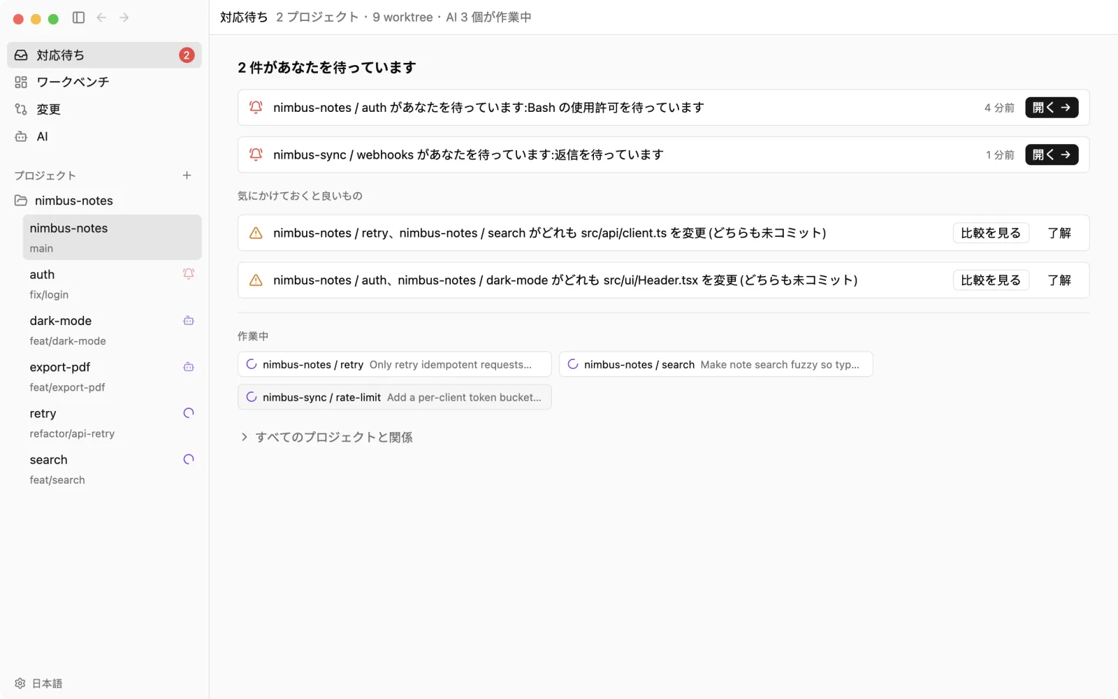 gtree の「対応待ち」画面。上にあなたを待っているセッションが「開く →」付きで並び、「気にかけておくと良いもの」に同じファイルを変更している worktree が、いちばん下に「作業中」の AI が表示されている