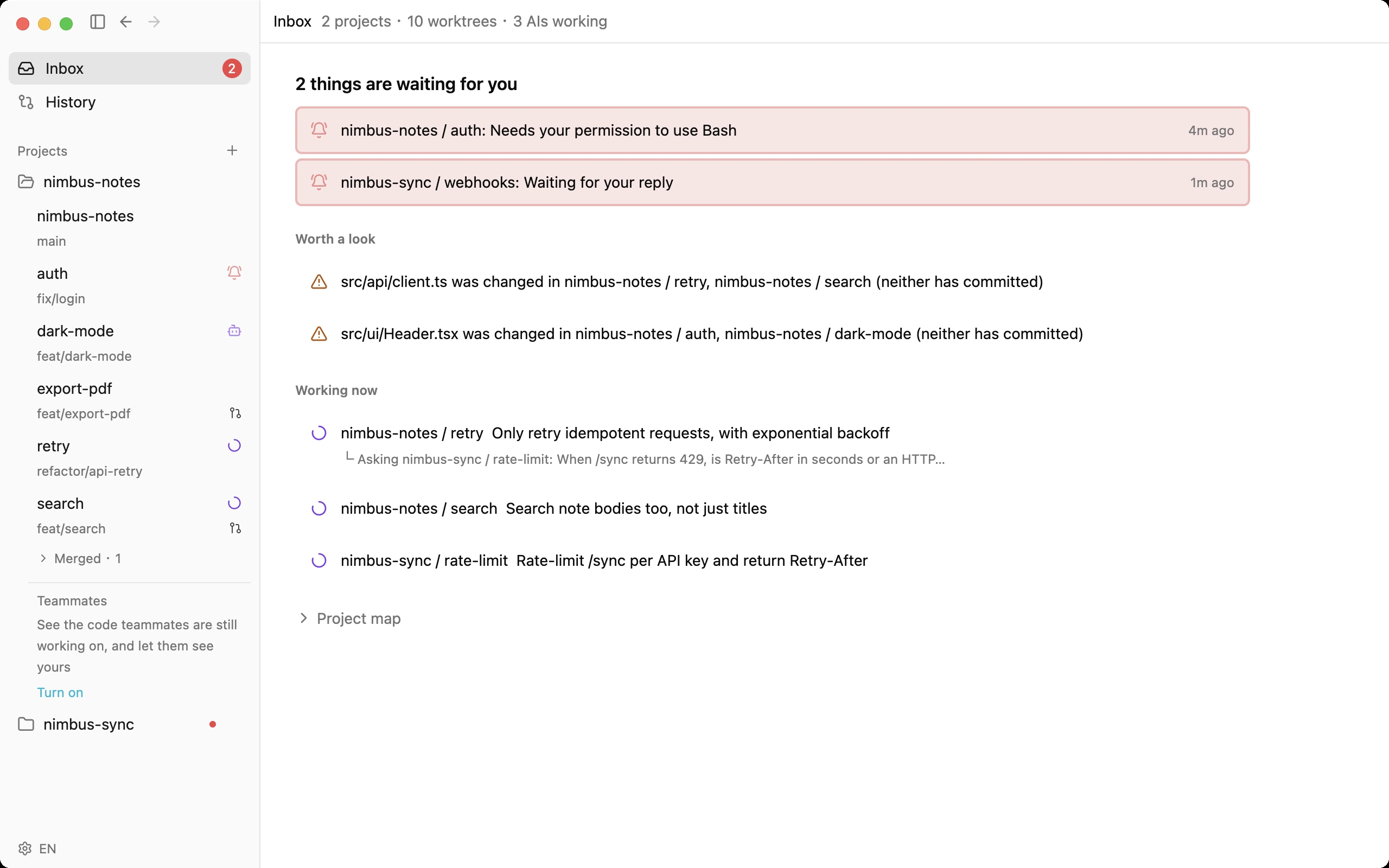 gtree の Inbox(対応待ち)画面・英語表示:あなた待ちが 2 件、2 つの worktree で同時に変更中のファイルが 2 つ、作業中のエージェントが 3 つ