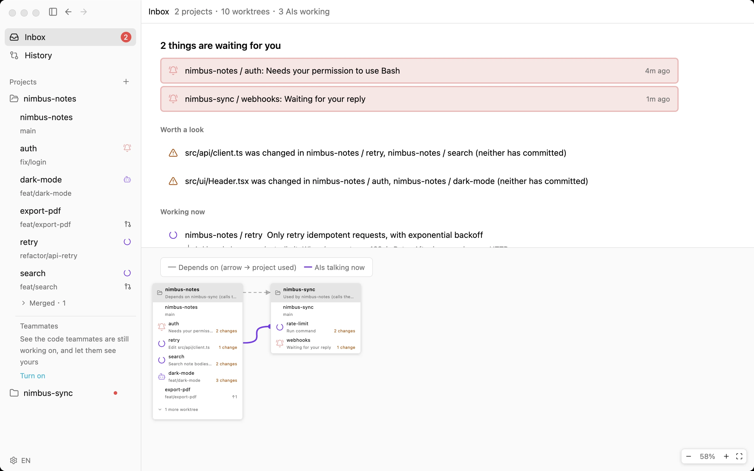 プロジェクトの関係図:nimbus-notes と nimbus-sync のカード。紫の線は 2 つの AI がやり取り中であることを示す