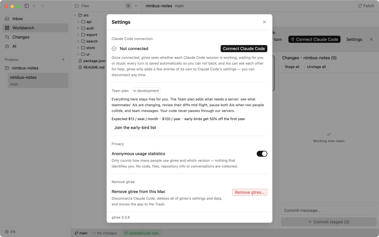 The Claude Code connection section in gtree Settings: Not connected, a Connect Claude Code button, and a short explanation of what connecting does